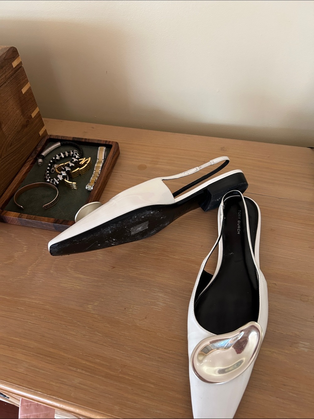White Pointed Slingback Flats with Sculptural Silver Accent - Picture 2 of 2